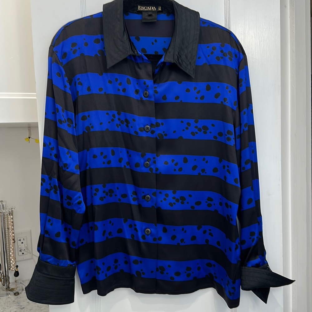 ESCADA STRIPED ANIMAL PRINT SILK BLOUSE blue and black size 40